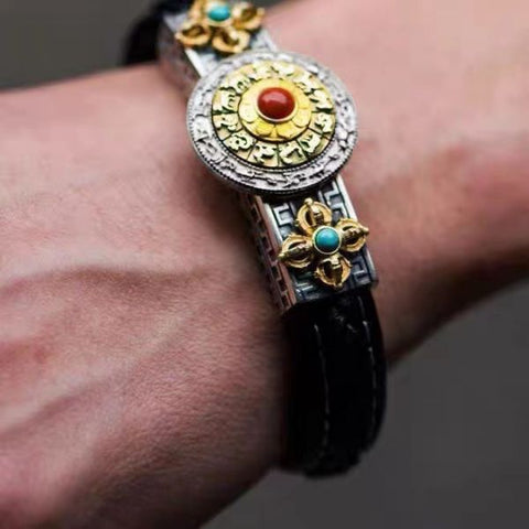 Sterling Silver Turquoise Red Agate Chinese Zodiac Vajra Bracelet