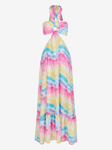 Boho-Kleid, Malerei, Neckholder, Ringdetails, rückenfrei, Resort, lässige Maxikleider 