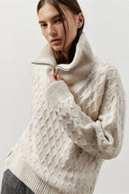 Vintage Chunky Knit High Neck Zip Up Sweater