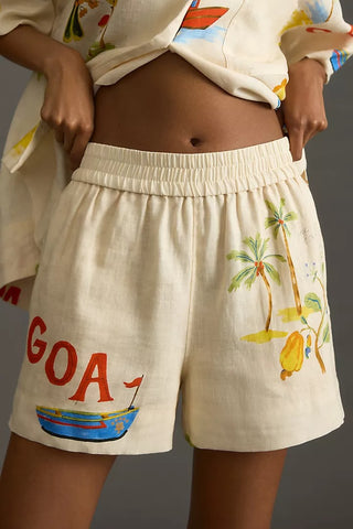 Conjunto de blusa de mezcla de lino con estampado pintado a mano y pantalones cortos con bolsillos y cintura elástica de Hello Summer 
