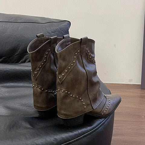 Damen Cowgirl-Stiefel, modisch, zum Reinschlüpfen, elegant, quadratischer Absatz, kurze Stiefel, Schuhe, Retro, Damen, Winterschuhe 