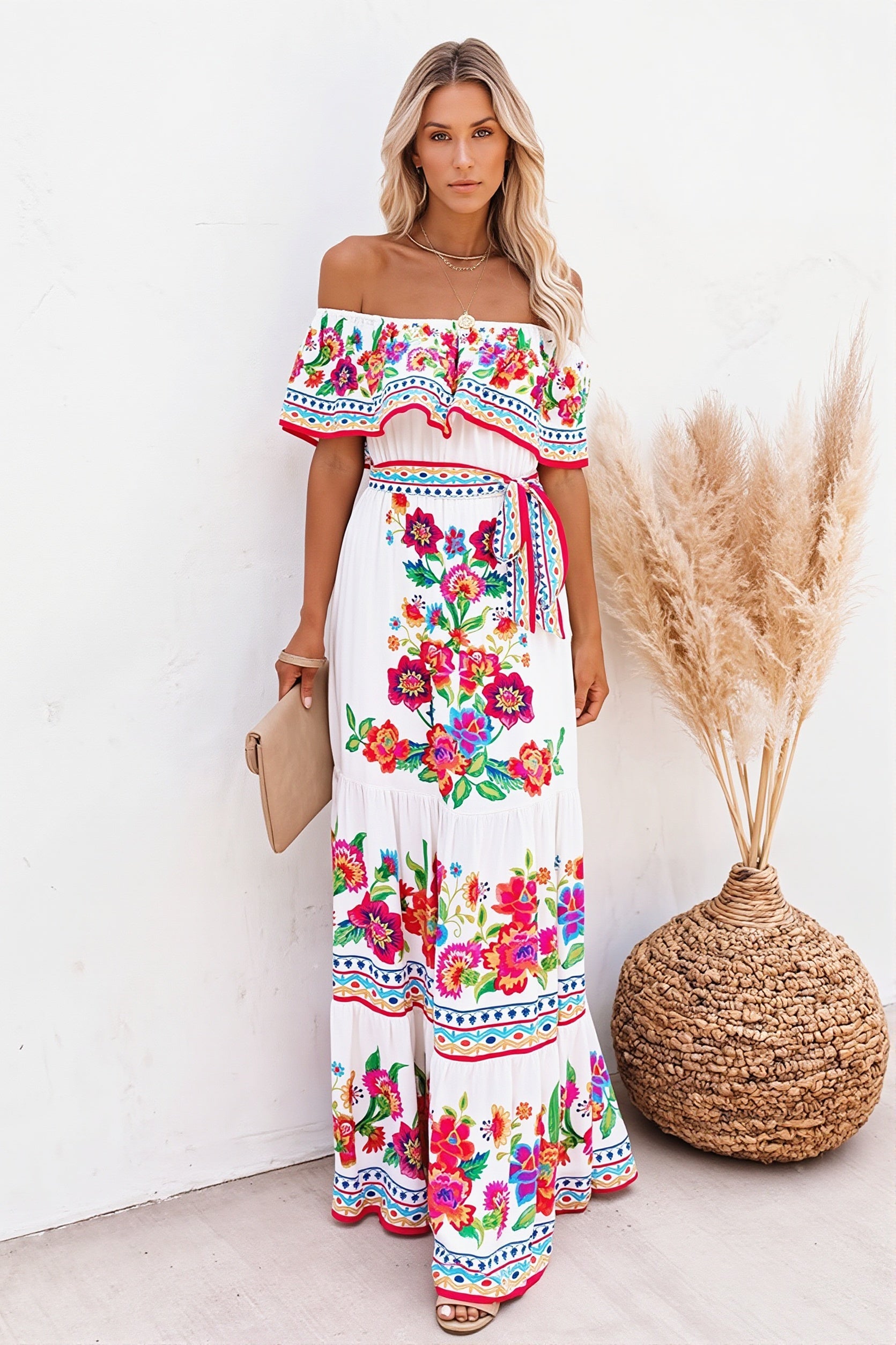 Ruffle Off Shoulder Bright Long Boho Dress