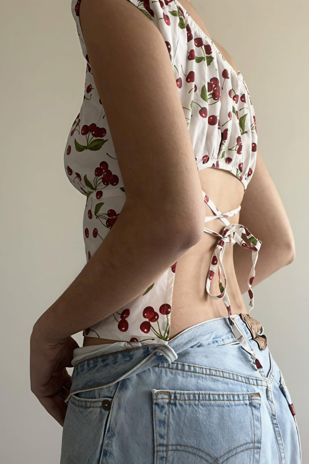 U Neck Flutter Sleeve Back Tie Cropped Blouse