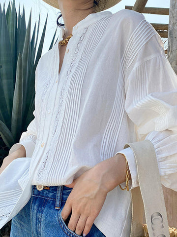 Long Sleeves Loose Buttoned Pleated Solid Color Split-Joint Stand Collar Blouses&Shirts Tops