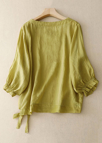 Neu Grün O Neck Lace Up Baumwolle Hemd Armband Ärmel 