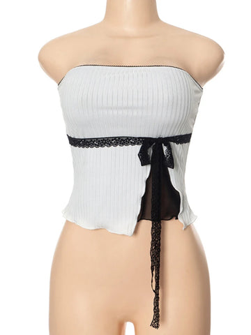 TARUXY - Tops cortos ajustados de malla con empalme para mujer, sin mangas, con hombros descubiertos, sexys, sin espalda, bonitos, con lazo, camisetas cortas para mujer 