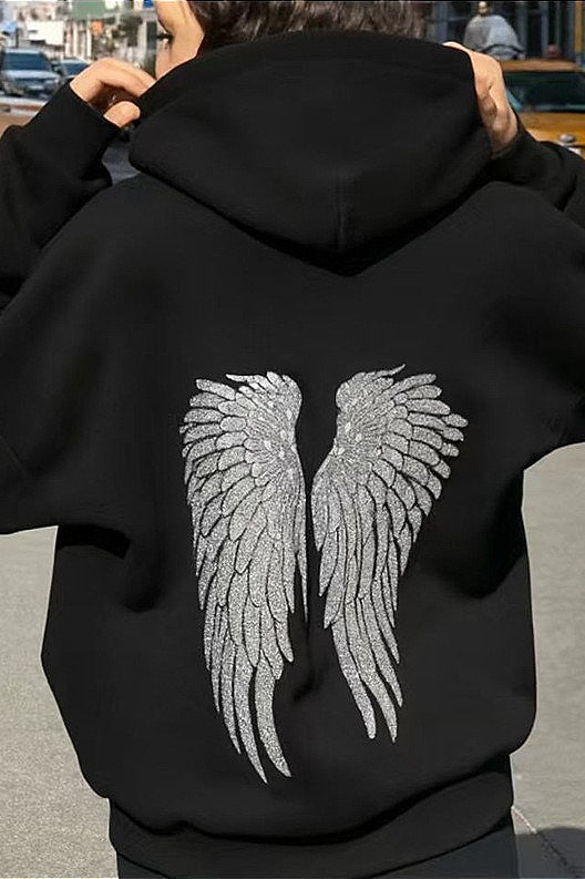Solid Sequin Wing Graphic Relaxed Hoodie
