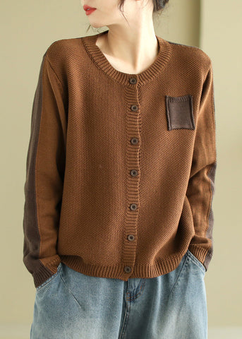 Cárdigan de punto con cuello redondo y botones de patchwork verde original para primavera 