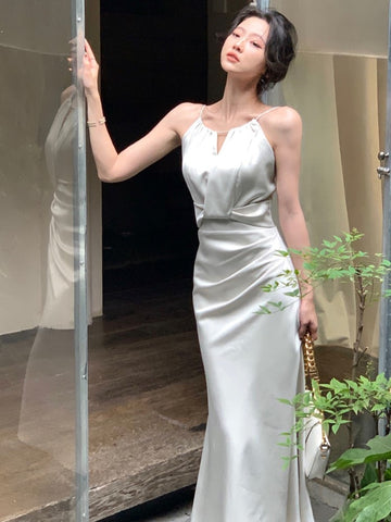 Nuevo vestido midi de verano para mujer, elegante, sin mangas, liso, con cuello halter, ajustado, de sirena, para fiesta de noche, vestido de graduación, vestido de una pieza 