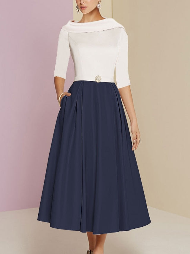 Vestidos de madre de la novia de corte A/princesa, escote joya, media manga, largo hasta la rodilla, con bolsillos y pliegues 