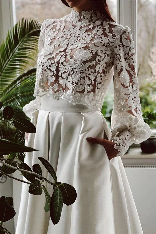 A-line High Neck Satin Lace Long Sleeves Wedding Dress with Pockets