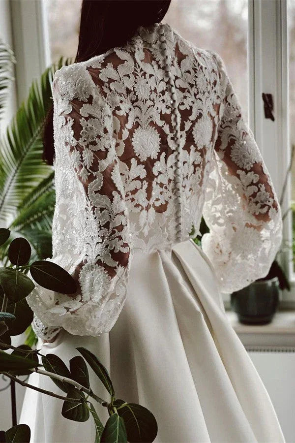 A-line High Neck Satin Lace Long Sleeves Wedding Dress with Pockets