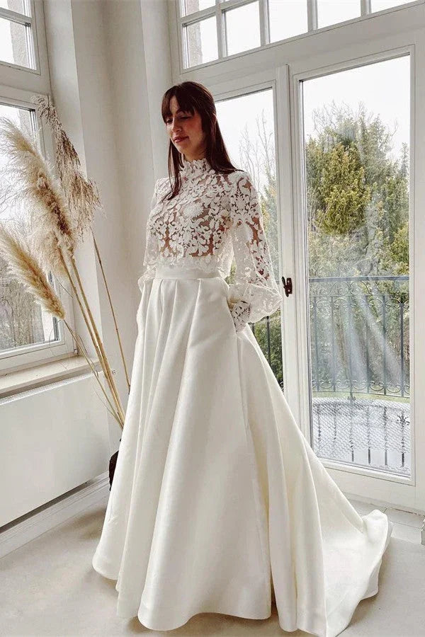 A-line High Neck Satin Lace Long Sleeves Wedding Dress with Pockets