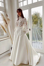 A-line High Neck Satin Lace Long Sleeves Wedding Dress with Pockets