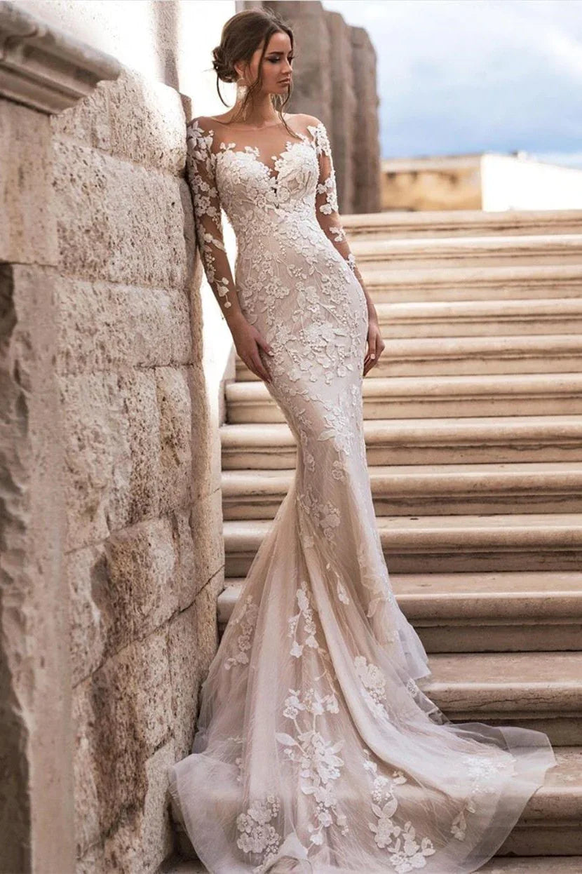 Elegant A-Line Lace Long Sleeves Wedding Dress With Detachable Train
