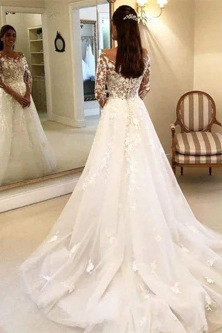 Elegante A-Linien-Brautkleider mit Ärmeln, Brautkleider mit Spitze
