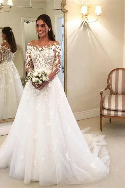 Elegante A-Linien-Brautkleider mit Ärmeln, Brautkleider mit Spitze