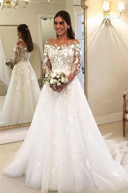 Elegante A-Linien-Brautkleider mit Ärmeln, Brautkleider mit Spitze
