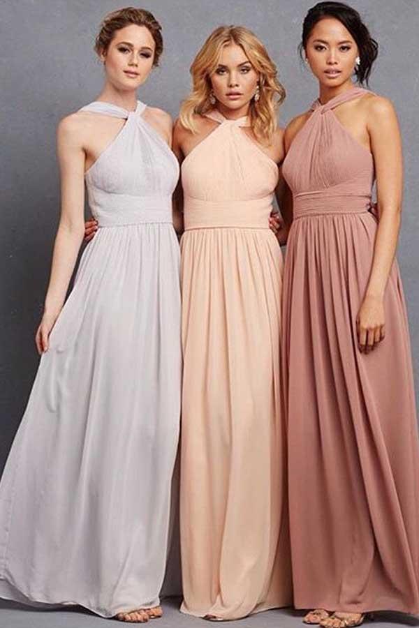 Elegante Brautjungfernkleider aus Chiffon mit Neckholder, Rüschen und Empire-Schnitt, bodenlang