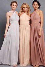 Elegante Brautjungfernkleider aus Chiffon mit Neckholder, Rüschen und Empire-Schnitt, bodenlang