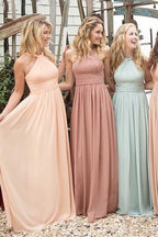 Elegante Brautjungfernkleider aus Chiffon mit Neckholder, Rüschen und Empire-Schnitt, bodenlang