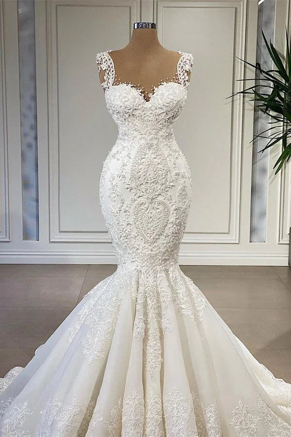 Elegantes vestidos de novia largos estilo sirena con volantes y encaje, escote corazón
