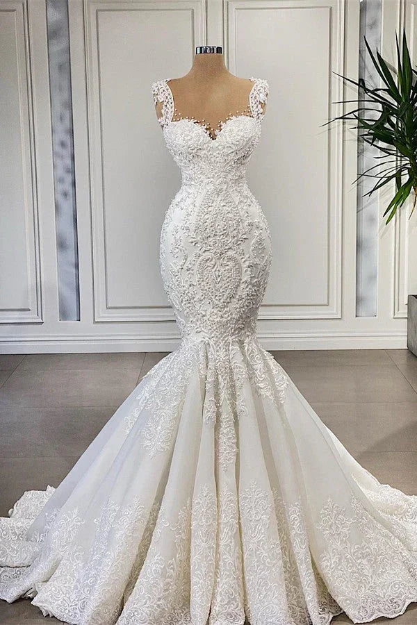 Elegantes vestidos de novia largos estilo sirena con volantes y encaje, escote corazón