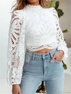 Elegant Lace Puff Sleeve Slim Fit Crop Blouse