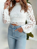 Elegant Lace Puff Sleeve Slim Fit Crop Blouse