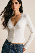 Elegant Lace V-Neck Slim Fitted Long Sleeve Tee
