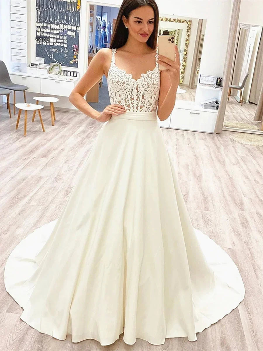 Long A-line Lace Satin Sleeveless Wedding Dresses