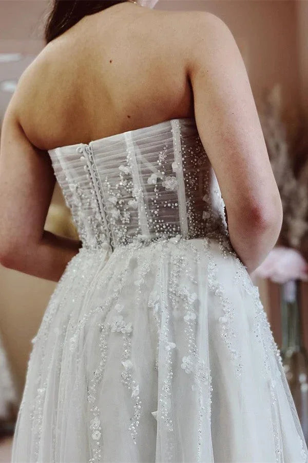 Long A-line Sweetheart Tulle Lace Wedding Dress with Slit