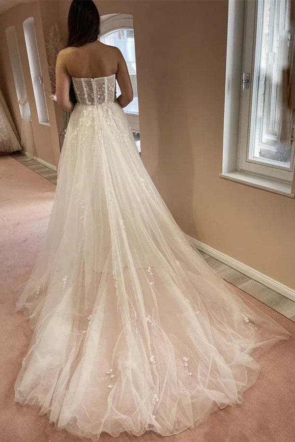 Long A-line Sweetheart Tulle Lace Wedding Dress with Slit