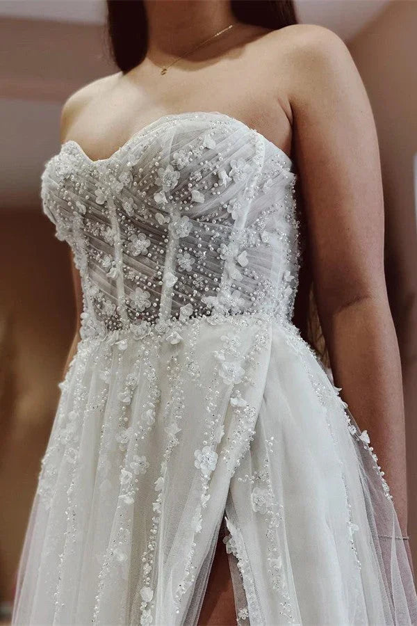Long A-line Sweetheart Tulle Lace Wedding Dress with Slit