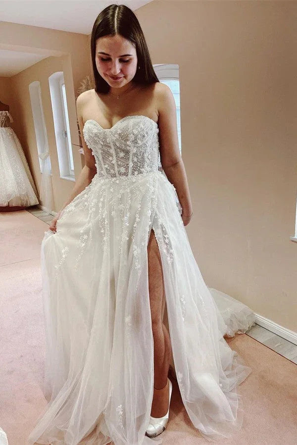 Long A-line Sweetheart Tulle Lace Wedding Dress with Slit