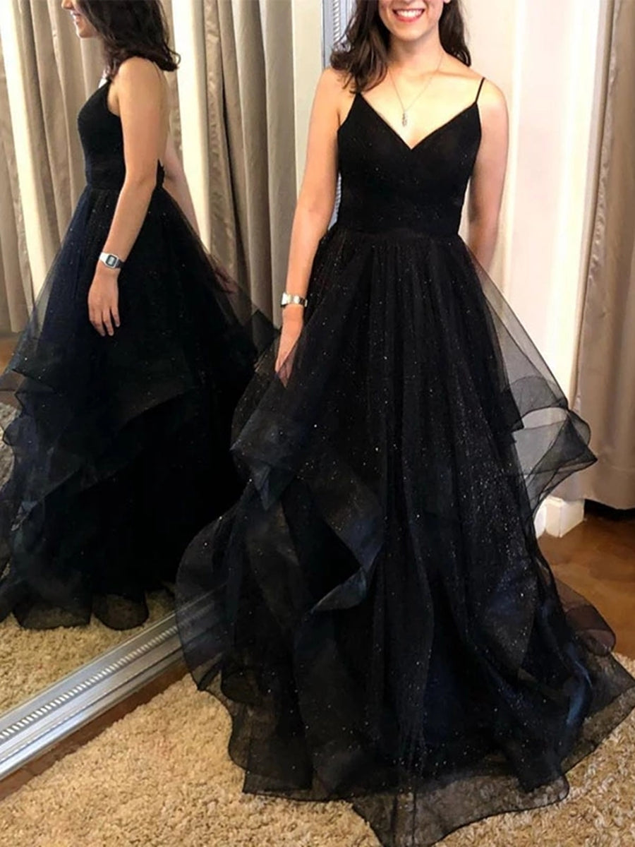 Elegante, lange A-Linien-Abendkleider mit V-Ausschnitt und offenem Rücken, schwarze formelle Abendkleider
