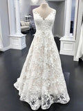 Long A Line V Neck Floral Lace Wedding Dresses