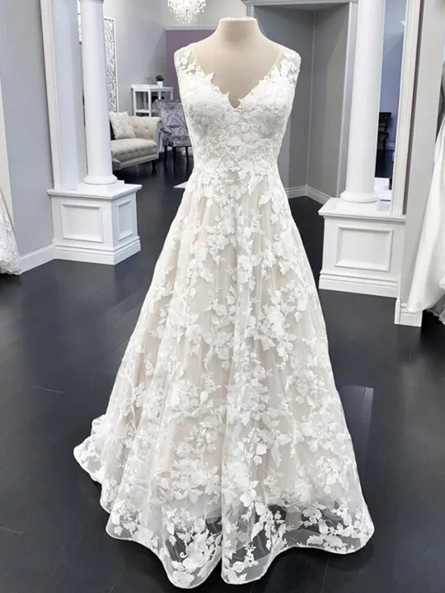 Long A Line V Neck Floral Lace Wedding Dresses