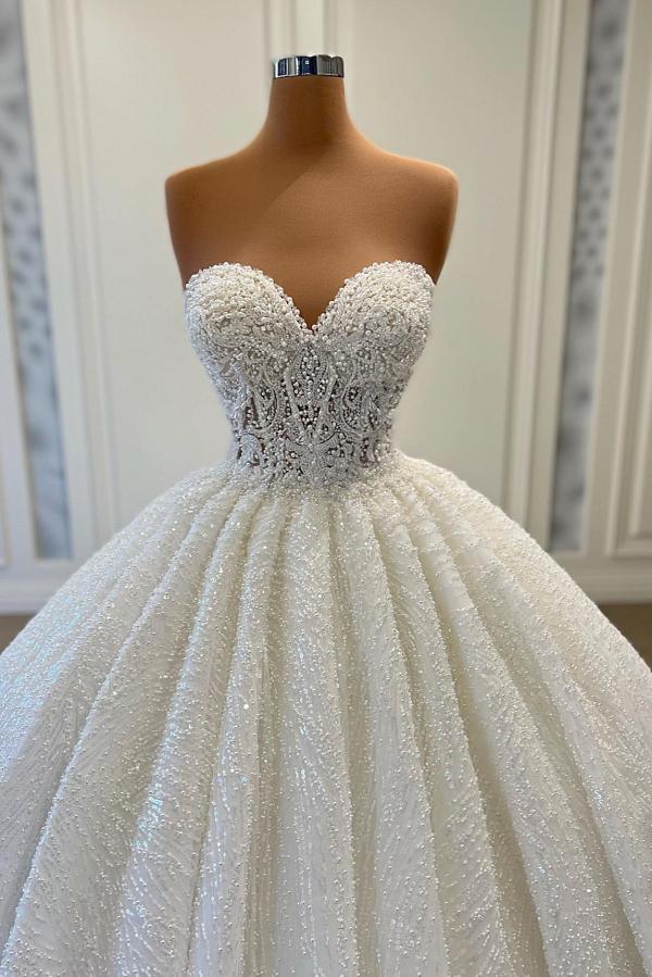 Elegante vestido de novia largo con escote corazón, sin mangas, con lentejuelas y encaje de tul