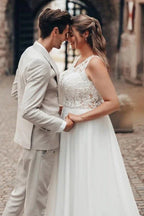 Elegantes langes weißes A-Linien-Hochzeitskleid aus Chiffon, ärmellos und rückenfrei