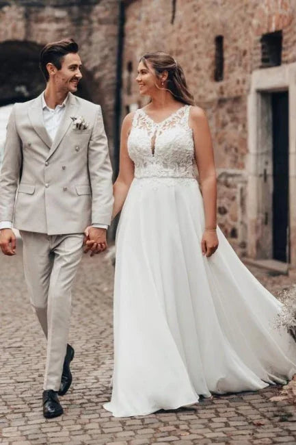 Elegantes langes weißes A-Linien-Hochzeitskleid aus Chiffon, ärmellos und rückenfrei