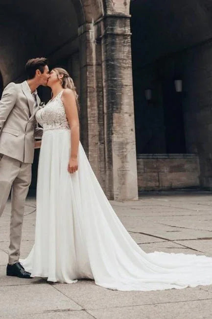 Elegantes langes weißes A-Linien-Hochzeitskleid aus Chiffon, ärmellos und rückenfrei