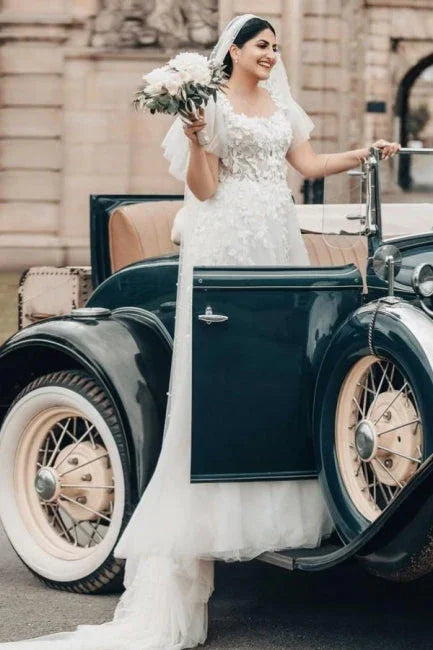 Elegant Long A-line Square Neck Tulle Lace Wedding Dress with Short Sleeves