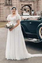 Elegant Long A-line Square Neck Tulle Lace Wedding Dress with Short Sleeves