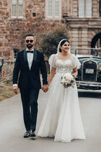 Elegant Long A-line Square Neck Tulle Lace Wedding Dress with Short Sleeves
