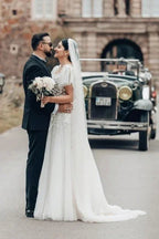 Elegant Long A-line Square Neck Tulle Lace Wedding Dress with Short Sleeves