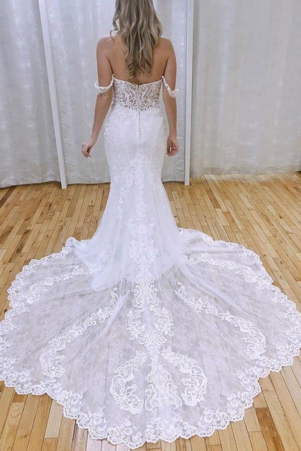 Elegante Meerjungfrauen-Brautkleider mit Carmen-Ausschnitt und Spitze mit Applikationen
