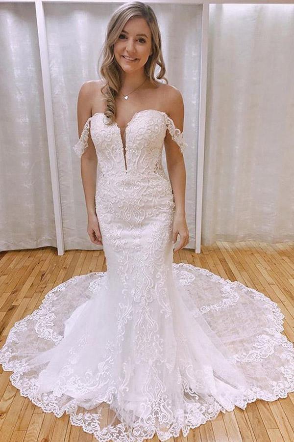 Elegante Meerjungfrauen-Brautkleider mit Carmen-Ausschnitt und Spitze mit Applikationen