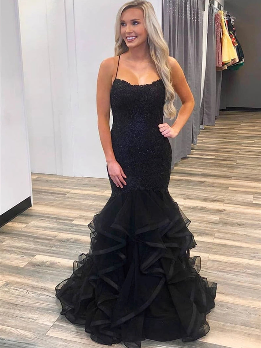 Elegante, lange, bauschige, schwarze Meerjungfrauen-Abendkleider aus Spitze