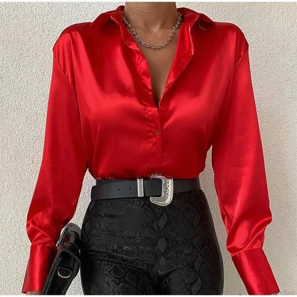 Elegant Satin Blue Long Sleeve Vintage Blouse
